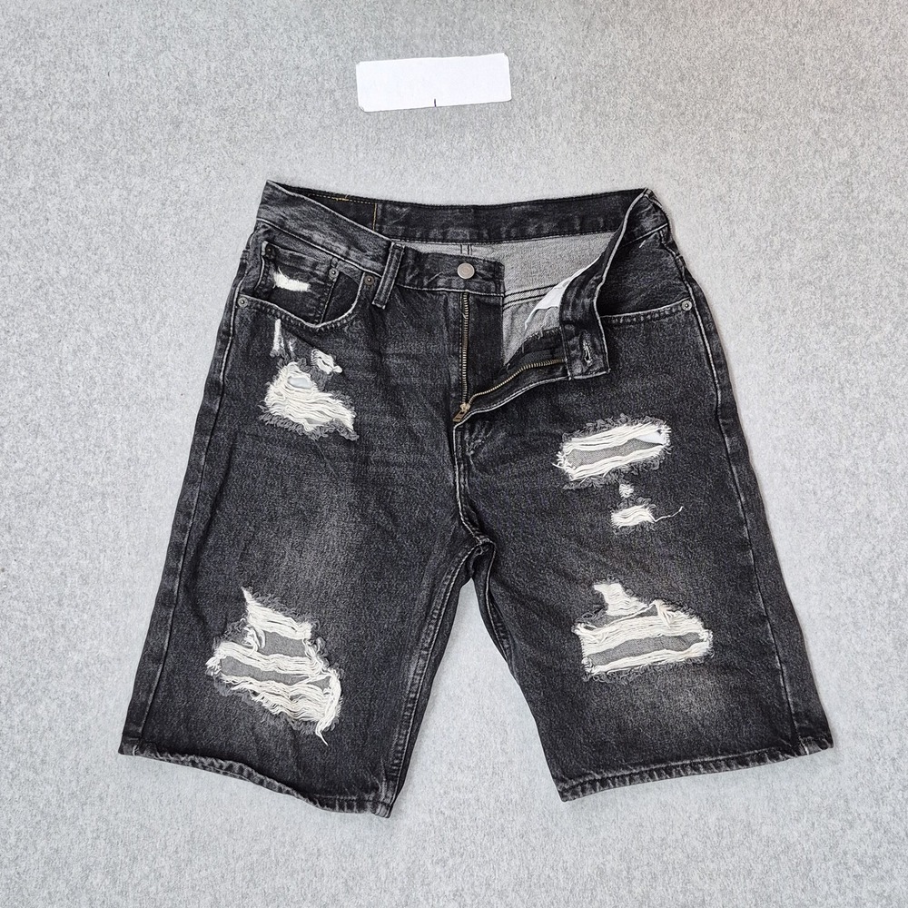 Levi's 569 Men Shorts W30 Black Denim Jean Shorts Grunge Distressed 10" Inseam‎